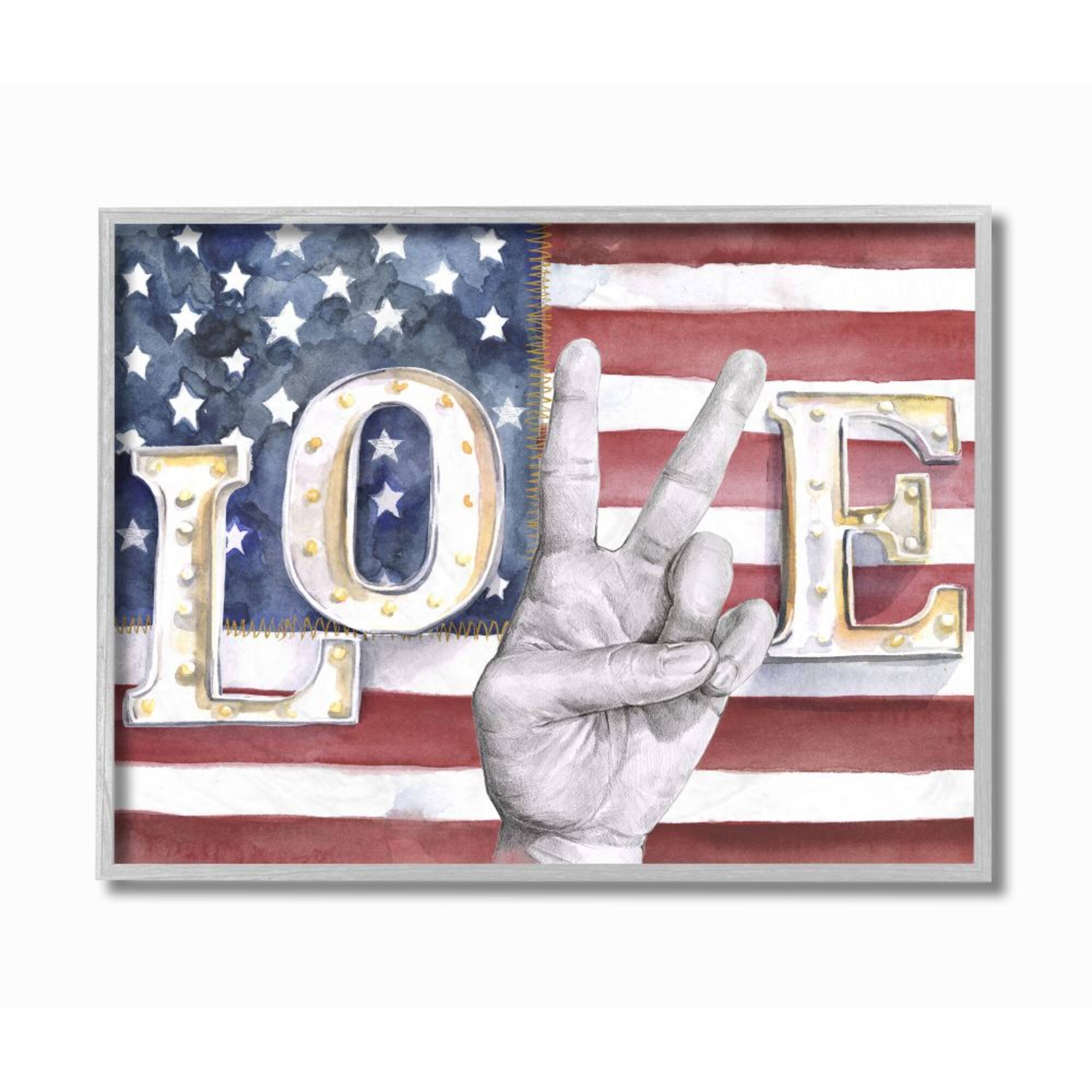 Stupell Industries Love Peace Sign Hand American Flag Design in Gray Frame Wall Art